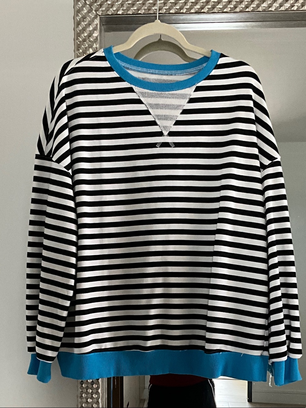 Striped Black & White Sweatshirt with Blue Trim